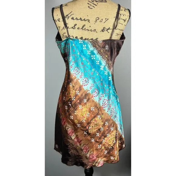 Y2K Satin Slip Dress XL Babydoll Boho Print Adjustable Straps Festival - Picture 2 of 10